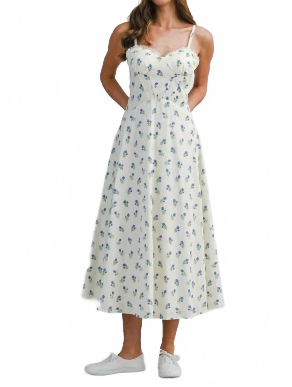NEW MABLE floral printed lace trim back lace up midi dress in blue